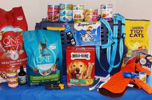 Examples of dog and cat items that need replenished at Freedom Ranch Rescue